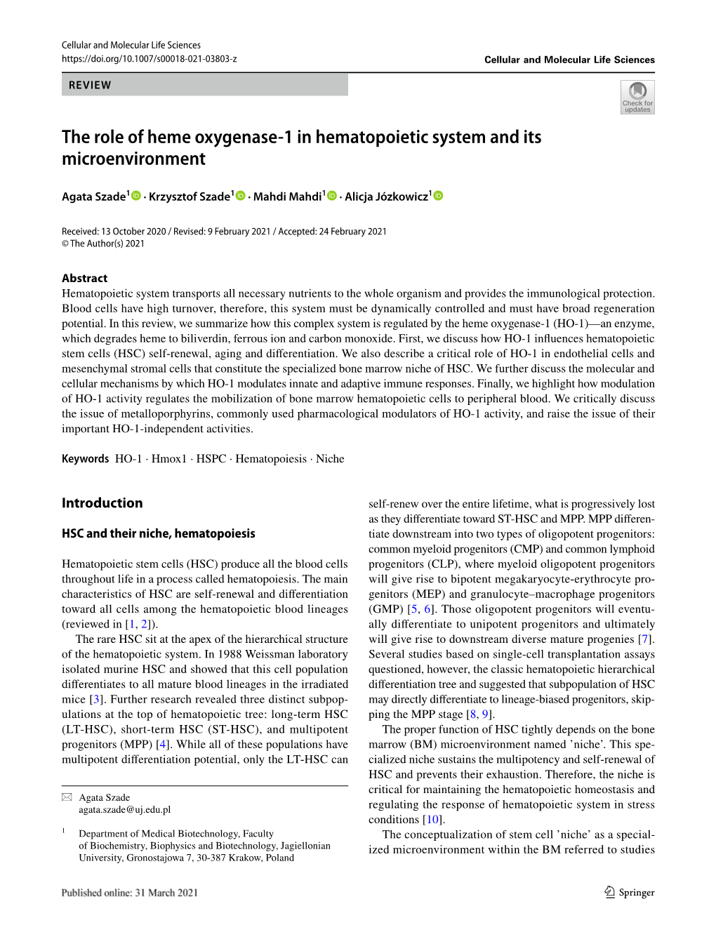 The Role of Heme Oxygenase-1 in Hematopoietic System and Its