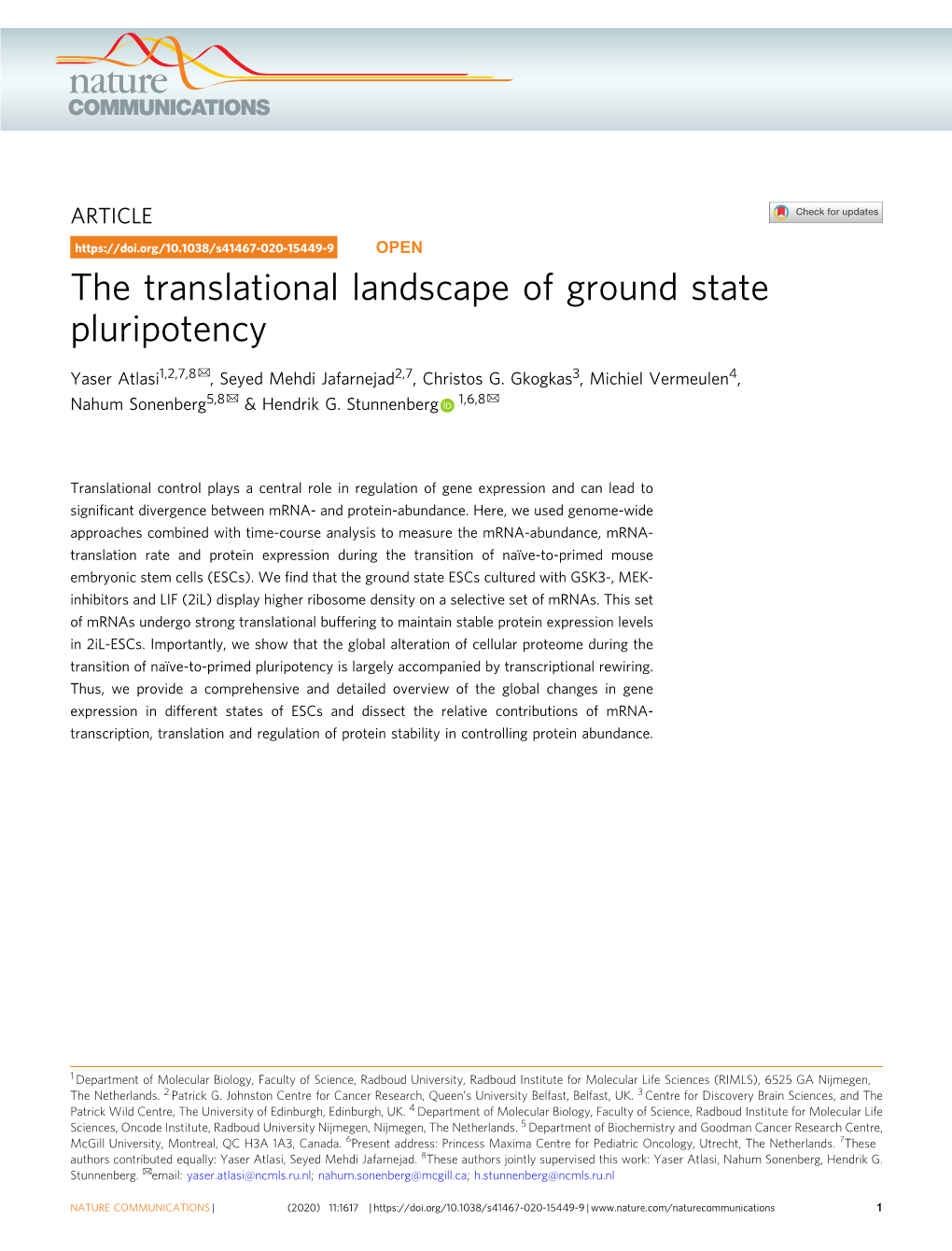 The Translational Landscape of Ground State Pluripotency ✉ Yaser Atlasi1,2,7,8 , Seyed Mehdi Jafarnejad2,7, Christos G