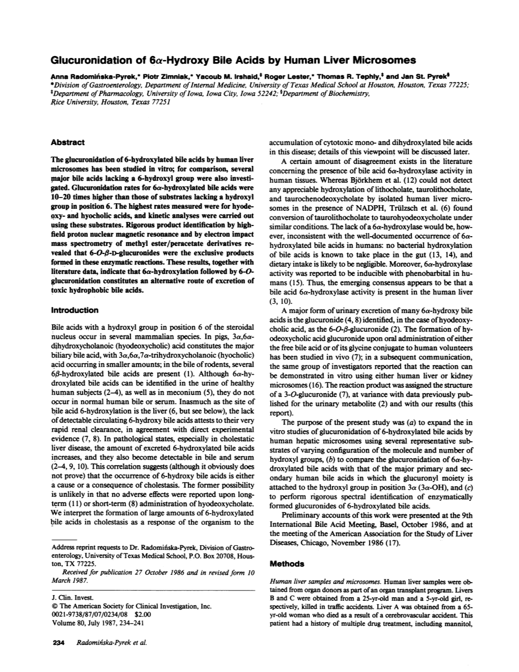 Glucuronidation of 6A-Hydroxy Bile Acids by Human Liver Microsomes Anna Radominska-Pyrek,* Piotr Zimniak,* Yacoub M