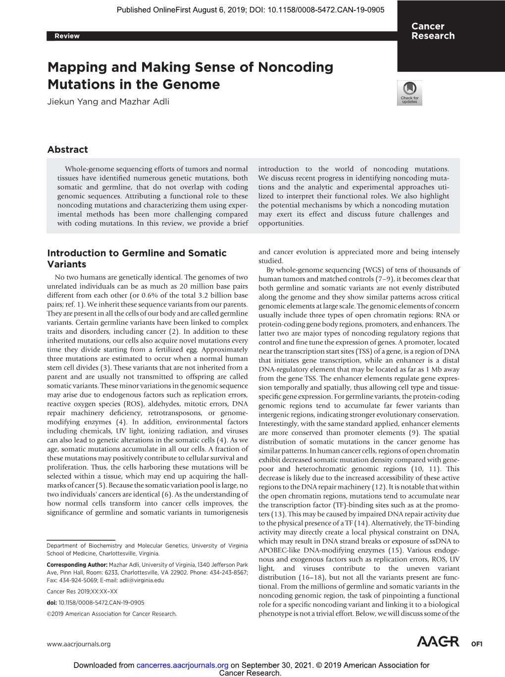 Mapping and Making Sense of Noncoding Mutations in the Genome Jiekun Yang and Mazhar Adli