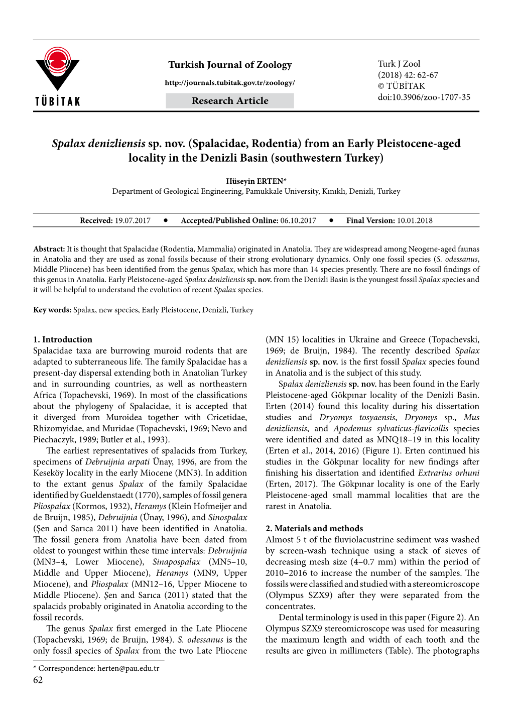 Spalacidae, Rodentia) from an Early Pleistocene-Aged Locality in the Denizli Basin (Southwestern Turkey)