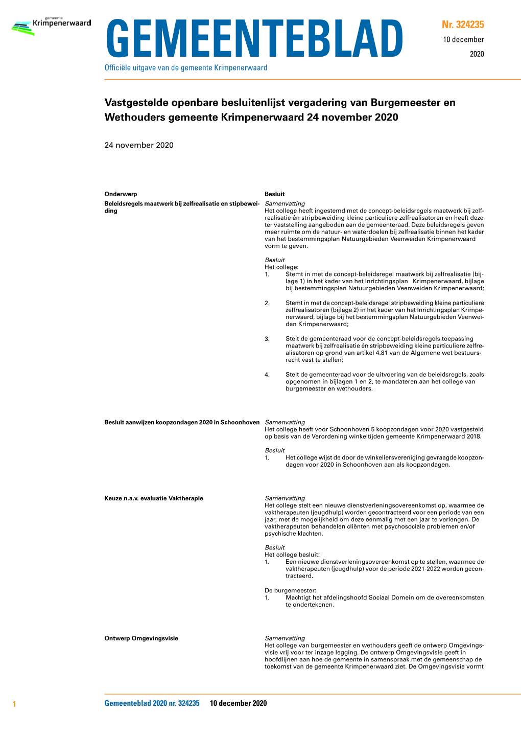 Vastgestelde Openbare Besluitenlijst Vergadering Van Burgemeester En Wethouders Gemeente Krimpenerwaard 24 November 2020