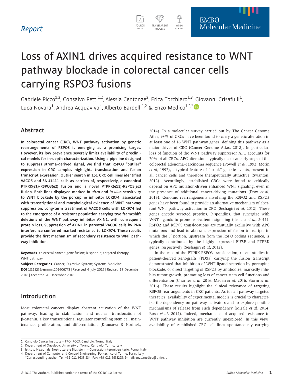 Loss of AXIN1 Drives Acquired Resistance to WNT Pathway Blockade in Colorectal Cancer Cells Carrying RSPO3 Fusions