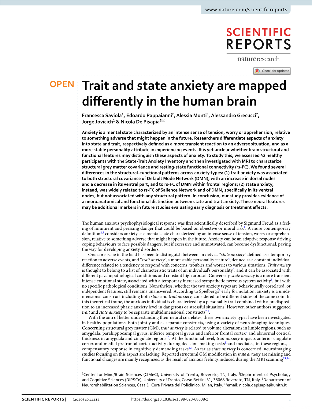 Trait and State Anxiety Are Mapped Differently in the Human Brain