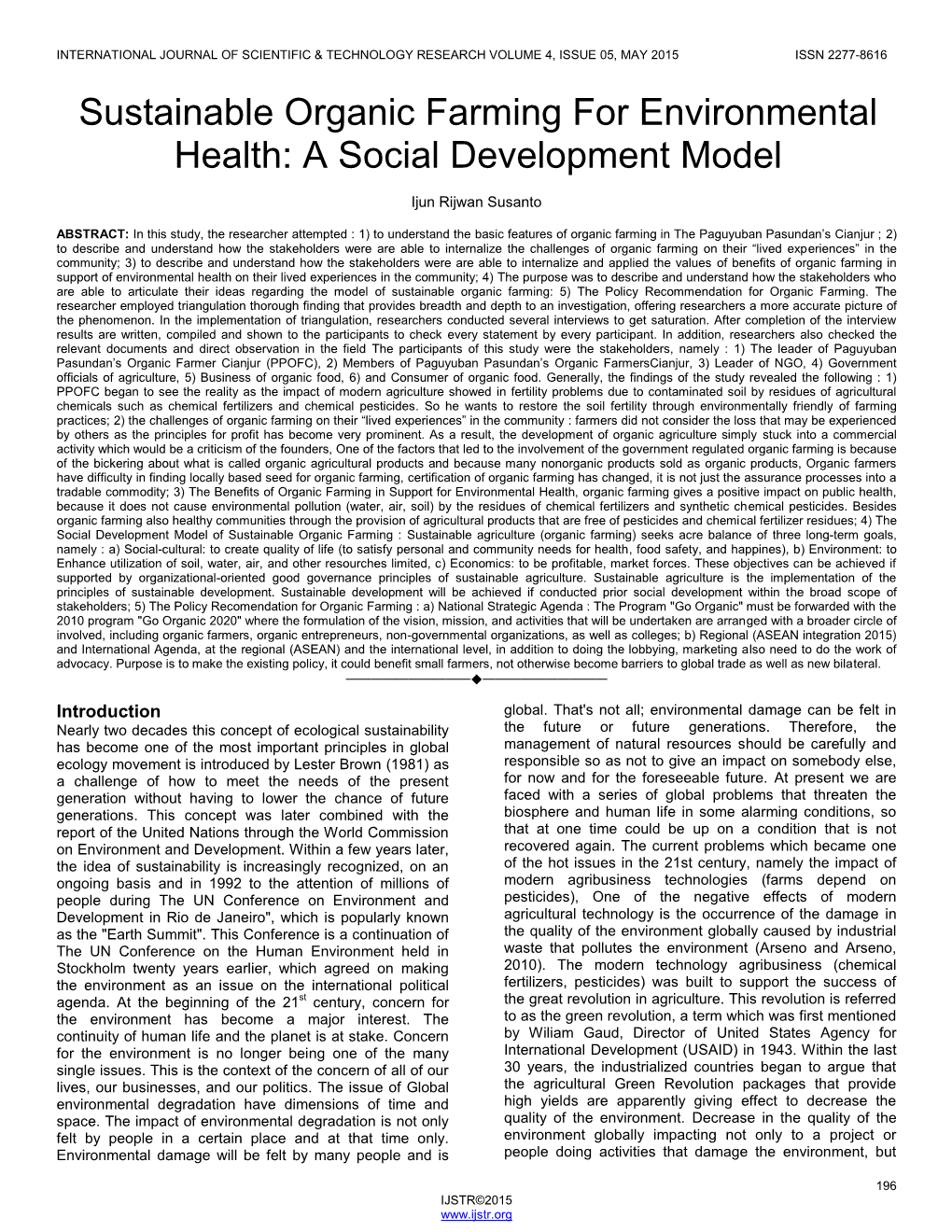 Sustainable Organic Farming for Environmental Health: a Social Development Model