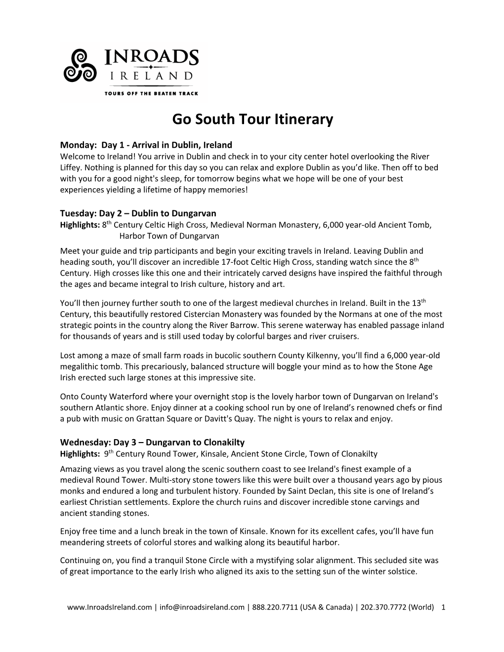 Go South Tour Itinerary