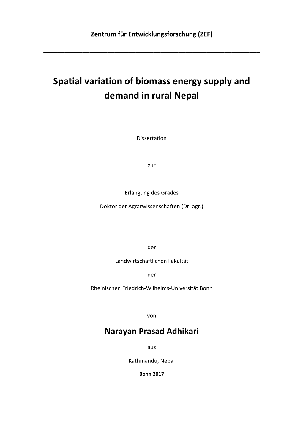 Spatial Variation of Biomass Energy Supply and Demand in Rural Nepal