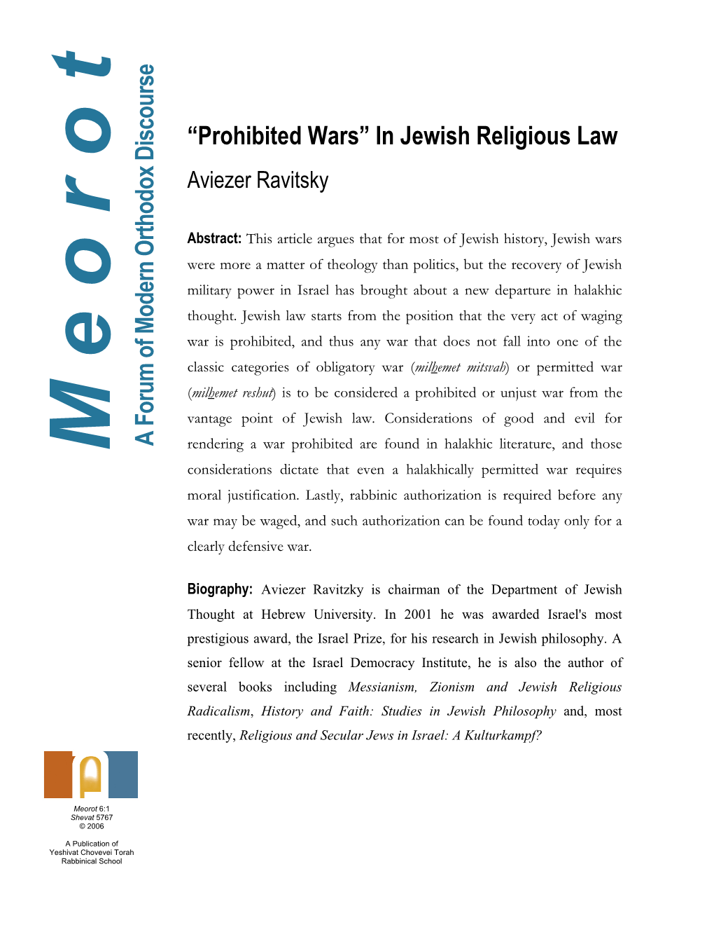 “Prohibited Wars” in Jewish Religious Law