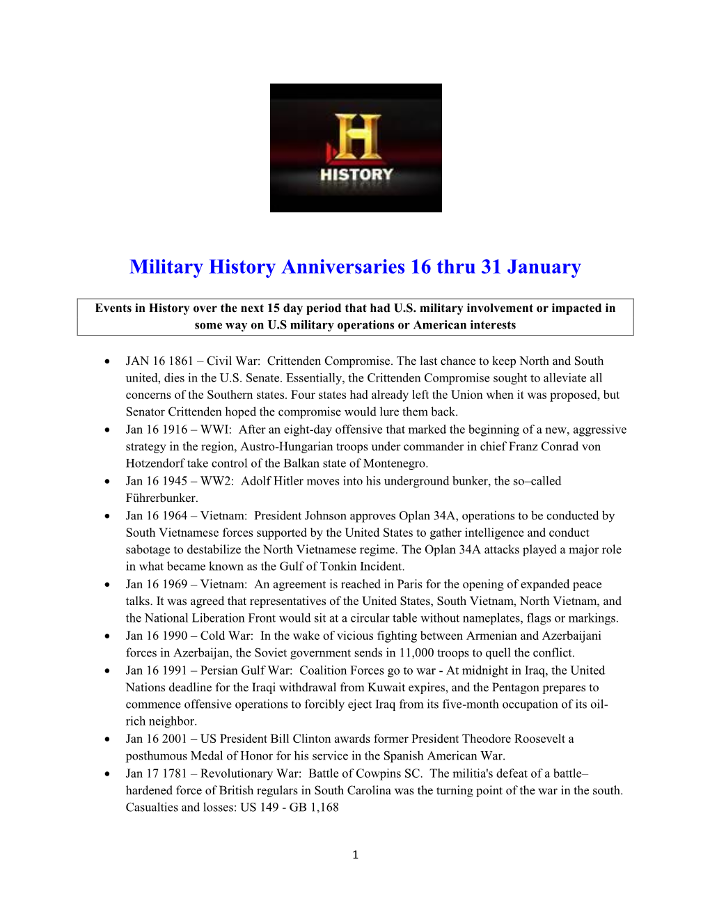 Military History Anniversaries 0116 Thru 013116