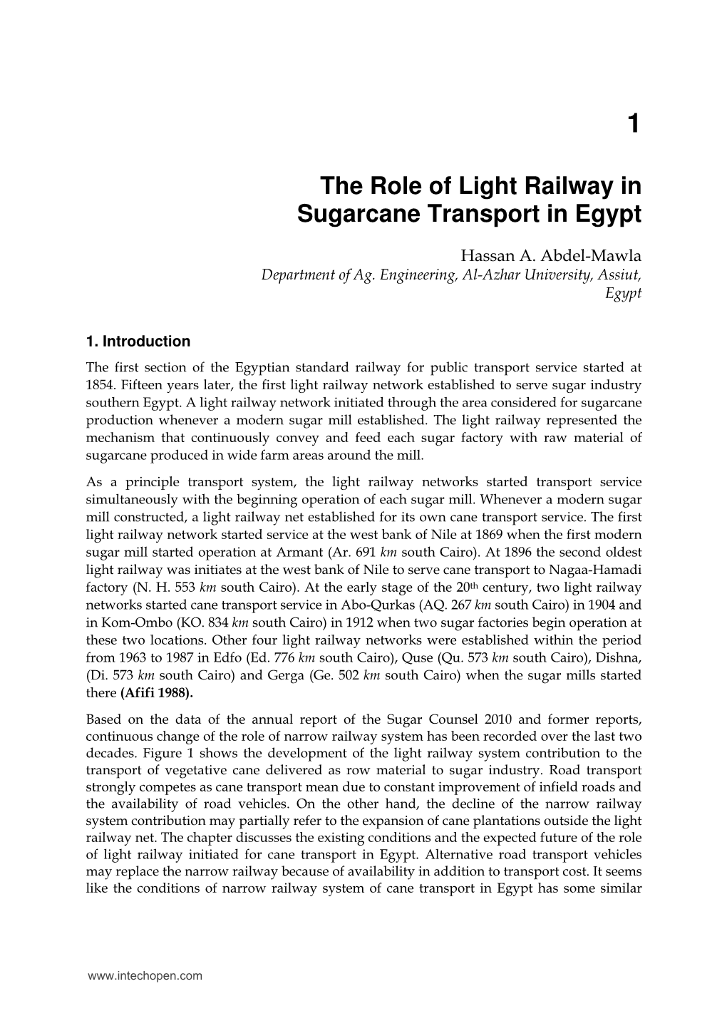The Role of Light Railway in Sugarcane Transport in Egypt