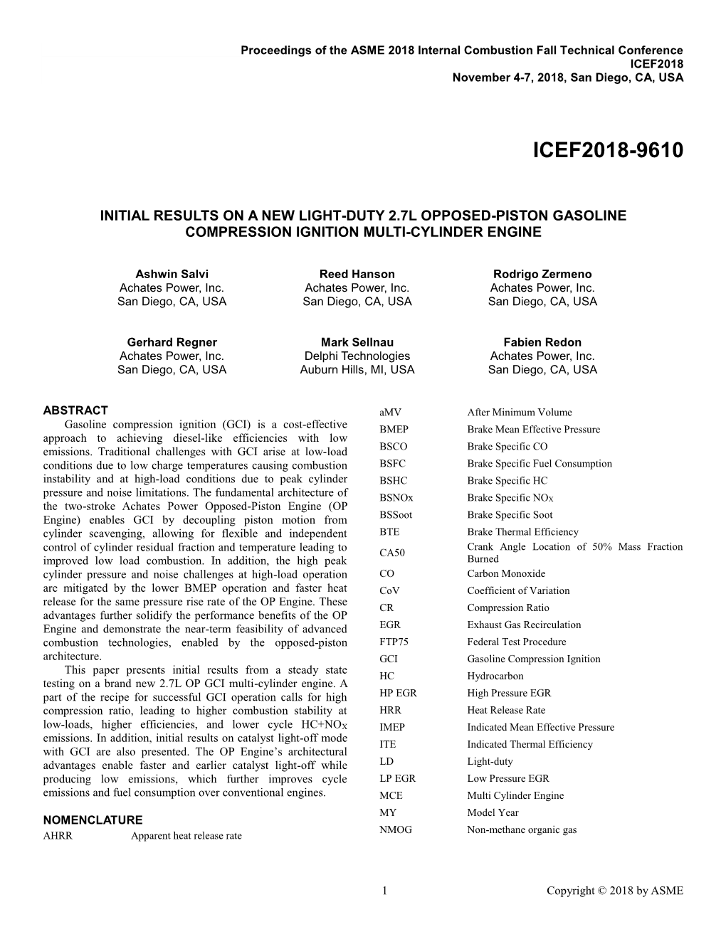 Proceedings of the ASME 2018 Internal Combustion Fall Technical Conference ICEF2018 November 4-7, 2018, San Diego, CA, USA