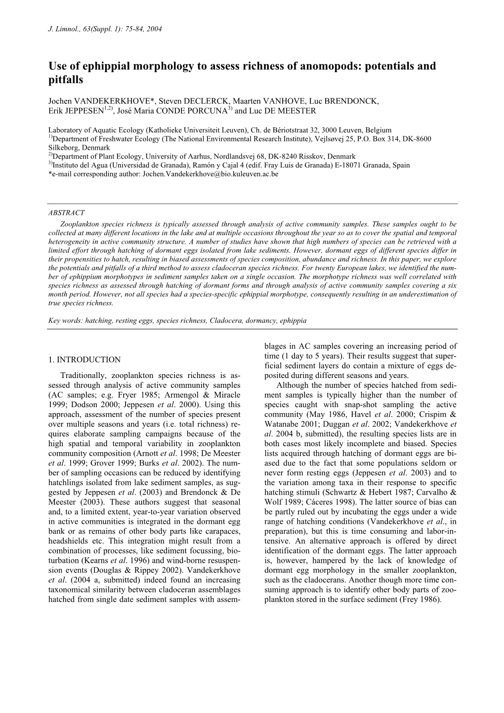 Use of Ephippial Morphology to Assess Richness of Anomopods: Potentials and Pitfalls