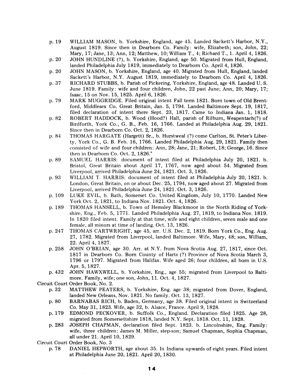 P.19 WILLIAM MASON, B. Yorkshire, England, Age 45. Landed Sackett's Harbor, N.Y., August 1819