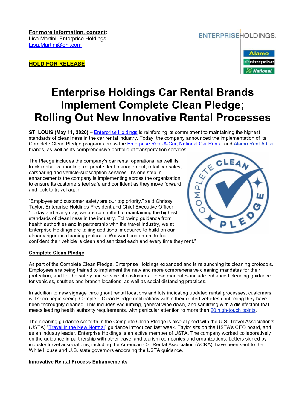 Enterprise Holdings Car Rental Brands Implement Complete Clean Pledge; Rolling out New Innovative Rental Processes