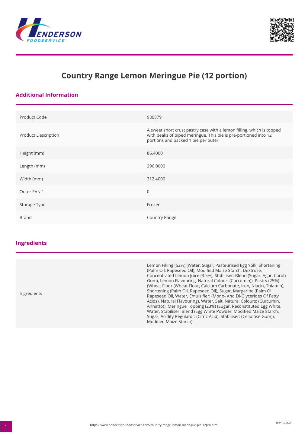 Country Range Lemon Meringue Pie (12 Portion)