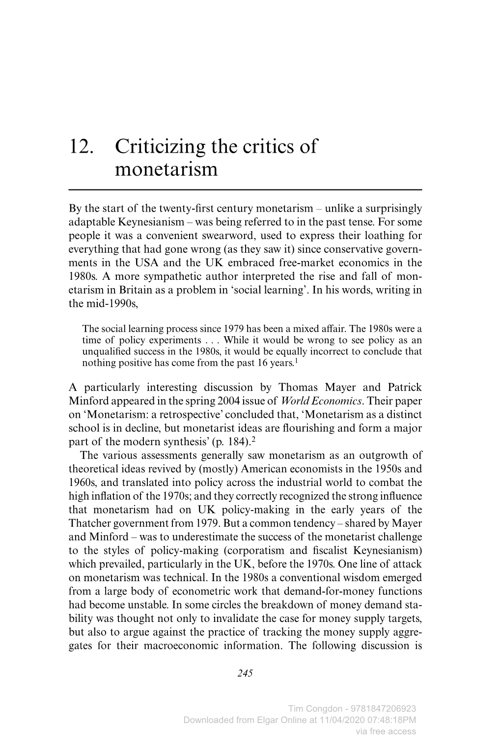 12. Criticizing the Critics of Monetarism