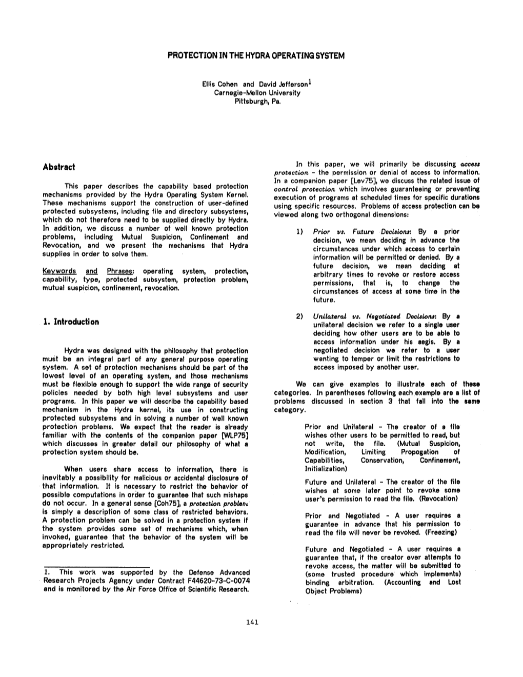 PROTECTION in the HYDRA OPERATING SYSTEM Abstract 1