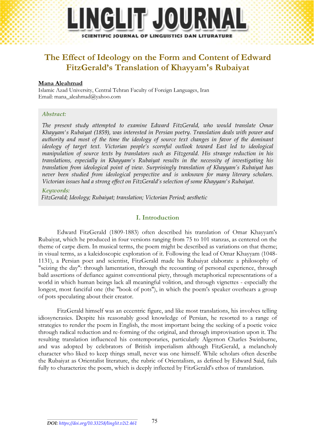 The Effect of Ideology on the Form and Content of Edward Fitzgerald's Translation of Khayyam's Rubaiyat