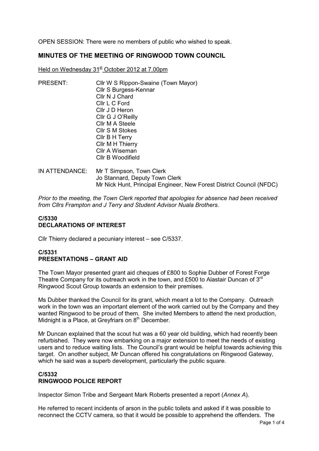 Minutes of the Meeting of Ringwood Town Council