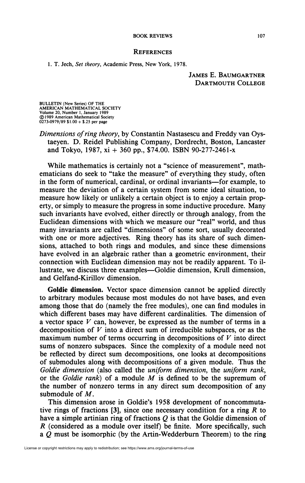 Dimensions of Ring Theory, by Constantin Nastasescu and Freddy Van Oys- Taeyen