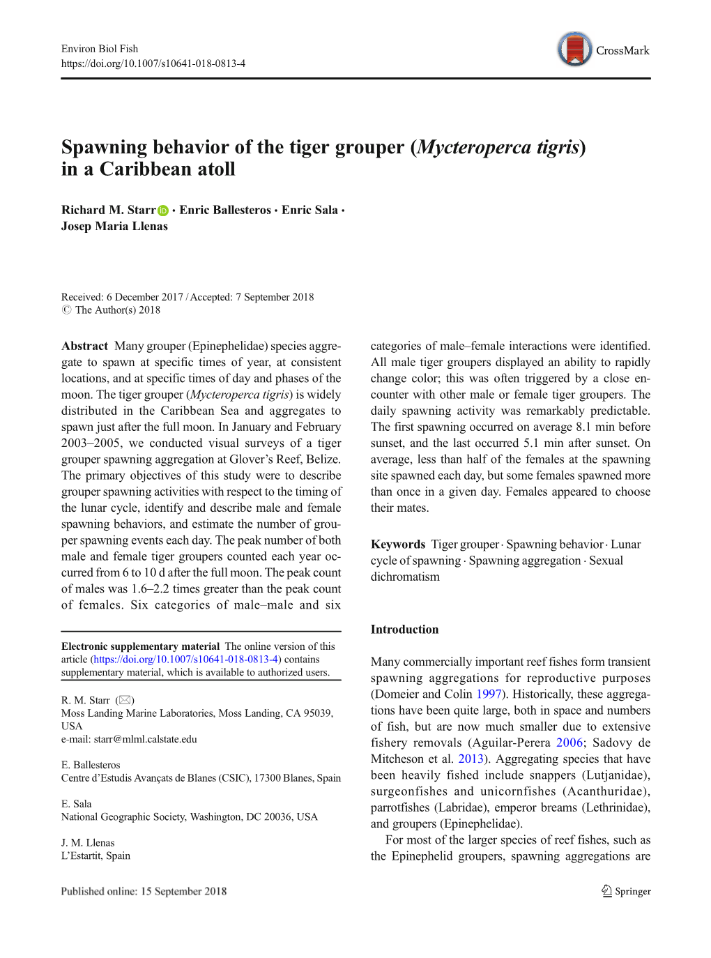 Spawning Behavior of the Tiger Grouper (Mycteroperca Tigris) in a Caribbean Atoll