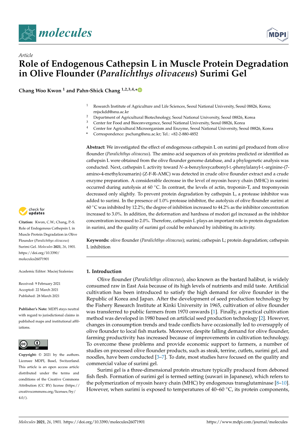 Role of Endogenous Cathepsin L in Muscle Protein Degradation in Olive Flounder (Paralichthys Olivaceus) Surimi Gel