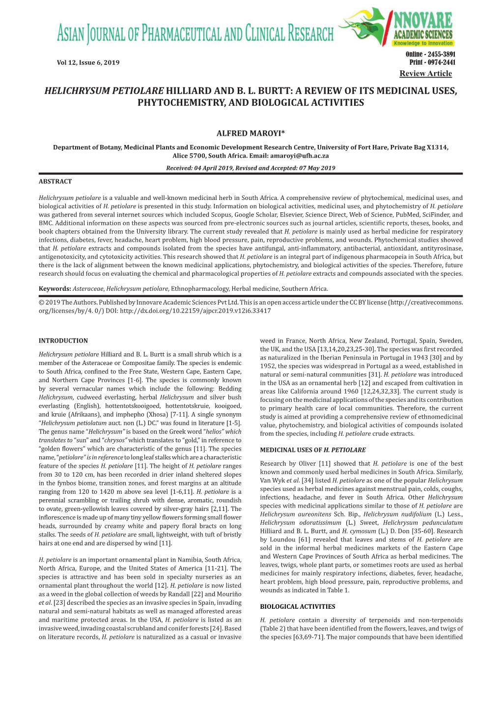 Helichrysum Petiolare Hilliard and Bl Burtt: a Review of Its Medicinal Uses