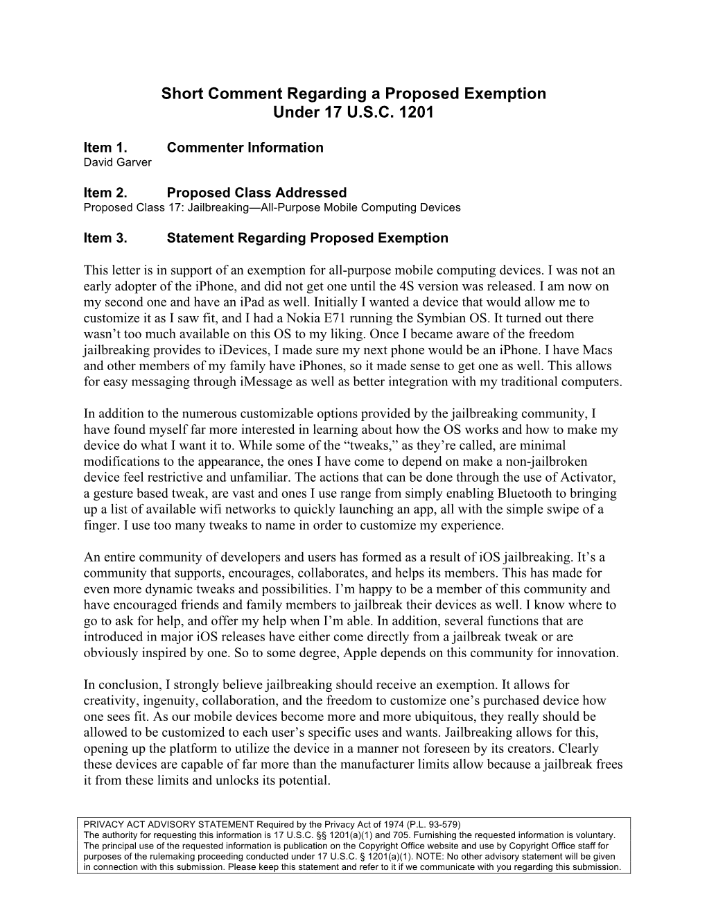 Short Comment Regarding a Proposed Exemption Under 17 U.S.C. 1201