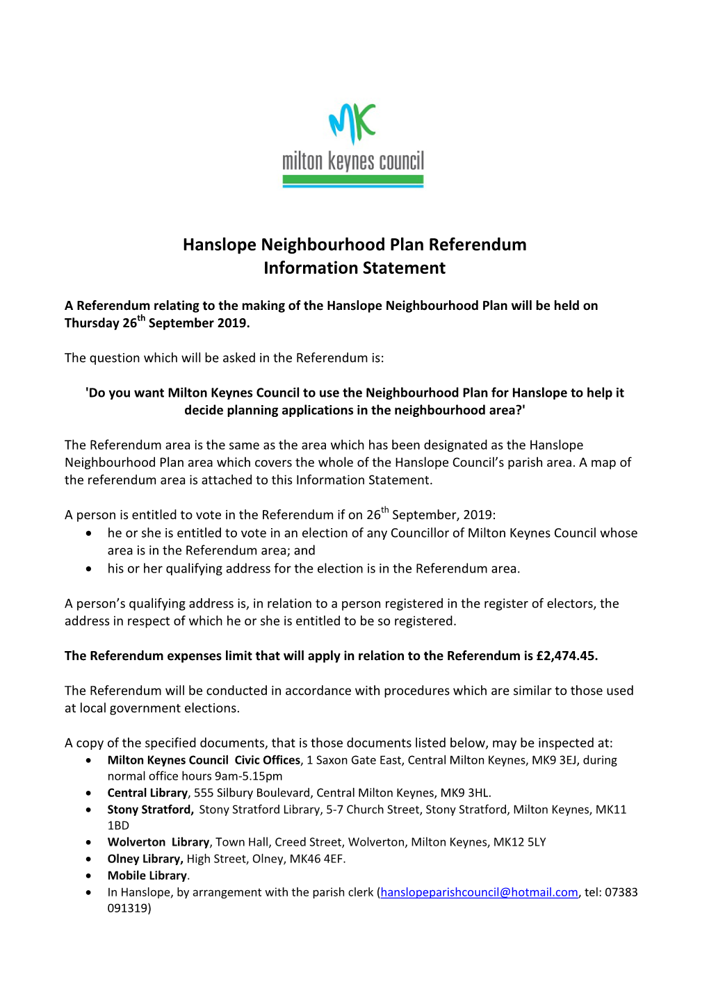 Hanslope Neighbourhood Plan Referendum Information Statement