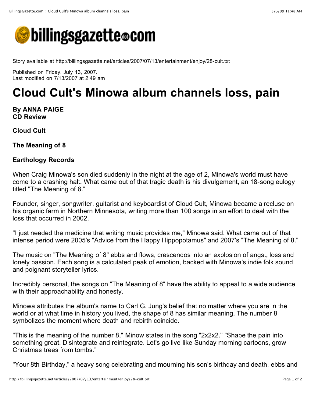 Cloud Cult's Minowa Album Channels Loss, Pain 3/6/09 11:48 AM