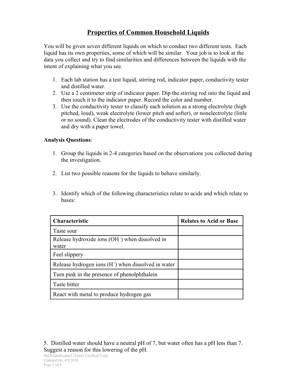 Properties of Common Household Liquids