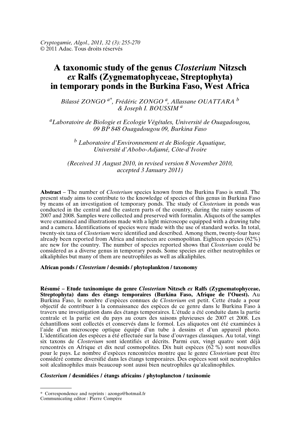 A Taxonomic Study of the Genus Closterium Nitzsch Ex Ralfs (Zygnematophyceae, Streptophyta) in Temporary Ponds in the Burkina Faso, West Africa