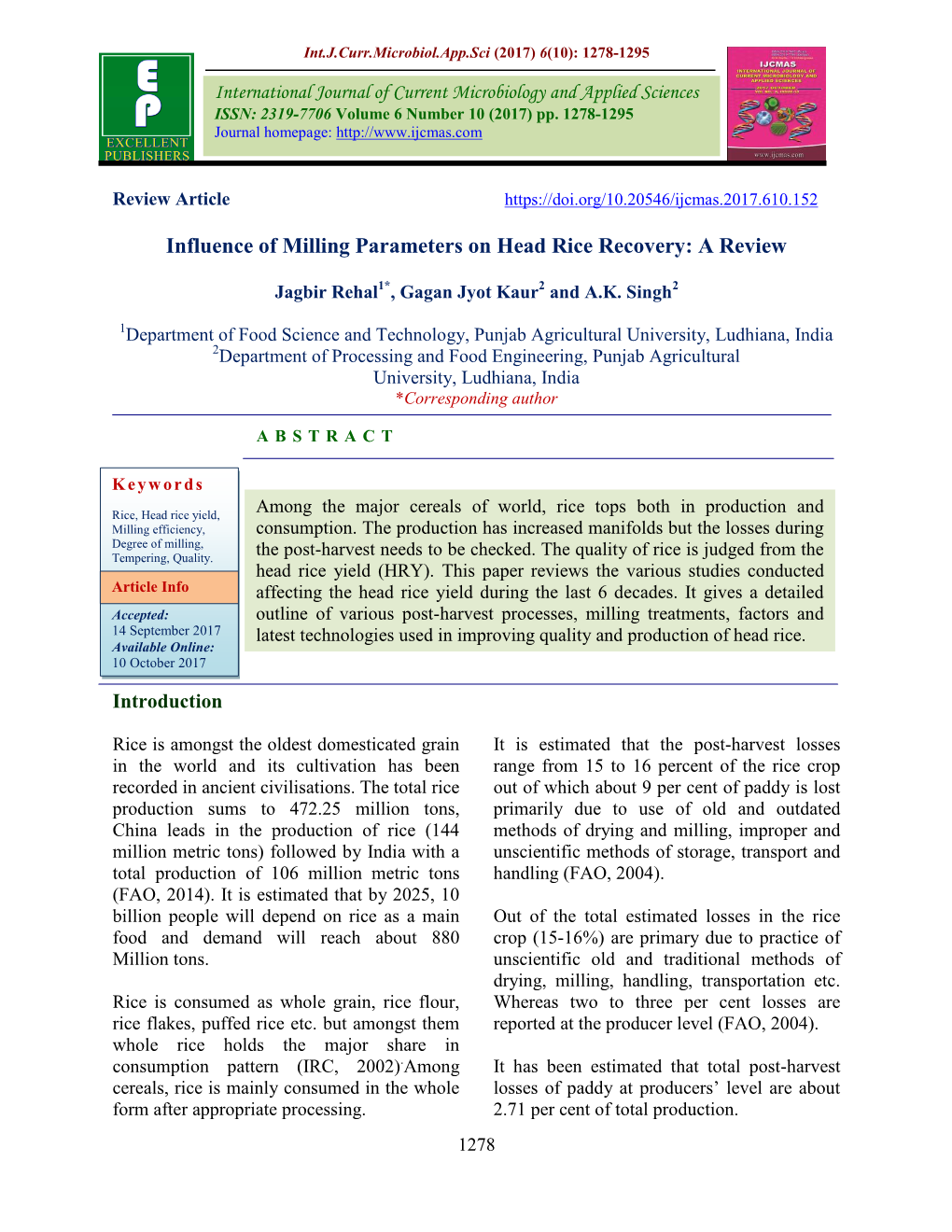 Influence of Milling Parameters on Head Rice Recovery: a Review