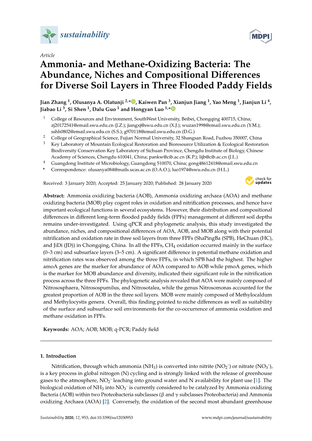 Ammonia- and Methane-Oxidizing Bacteria: the Abundance, Niches and Compositional Diﬀerences for Diverse Soil Layers in Three Flooded Paddy Fields