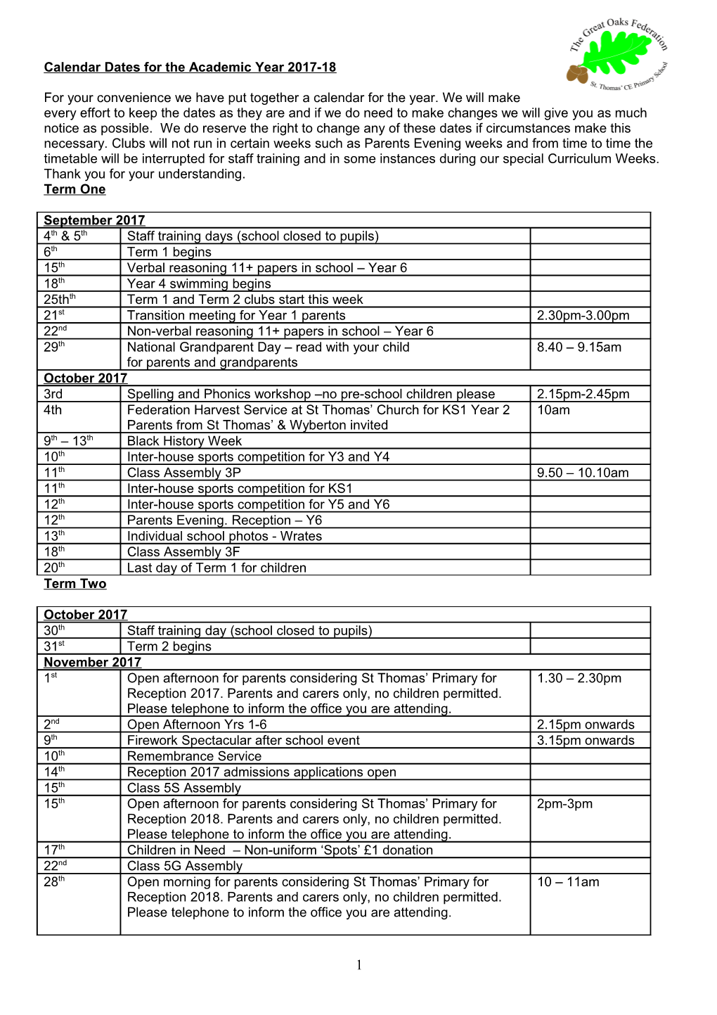 Calendar Dates for the Academic Year 2012 2013