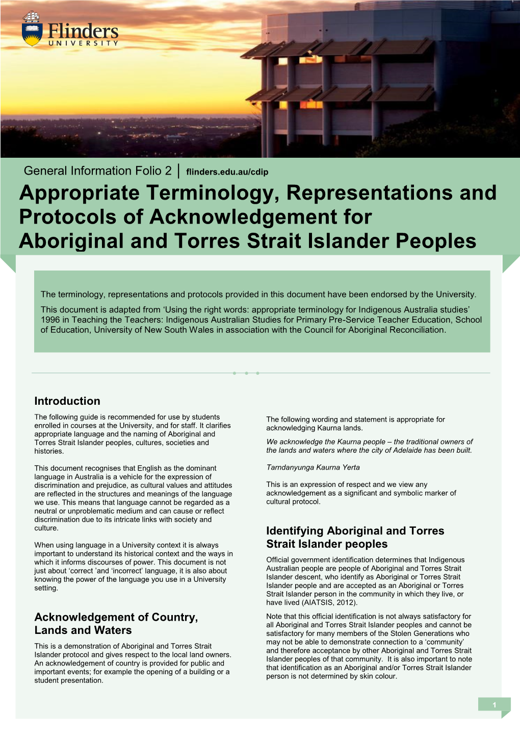 Appropriate Terminology, Representations and Protocols of Acknowledgement for Aboriginal and Torres Strait Islander Peoples