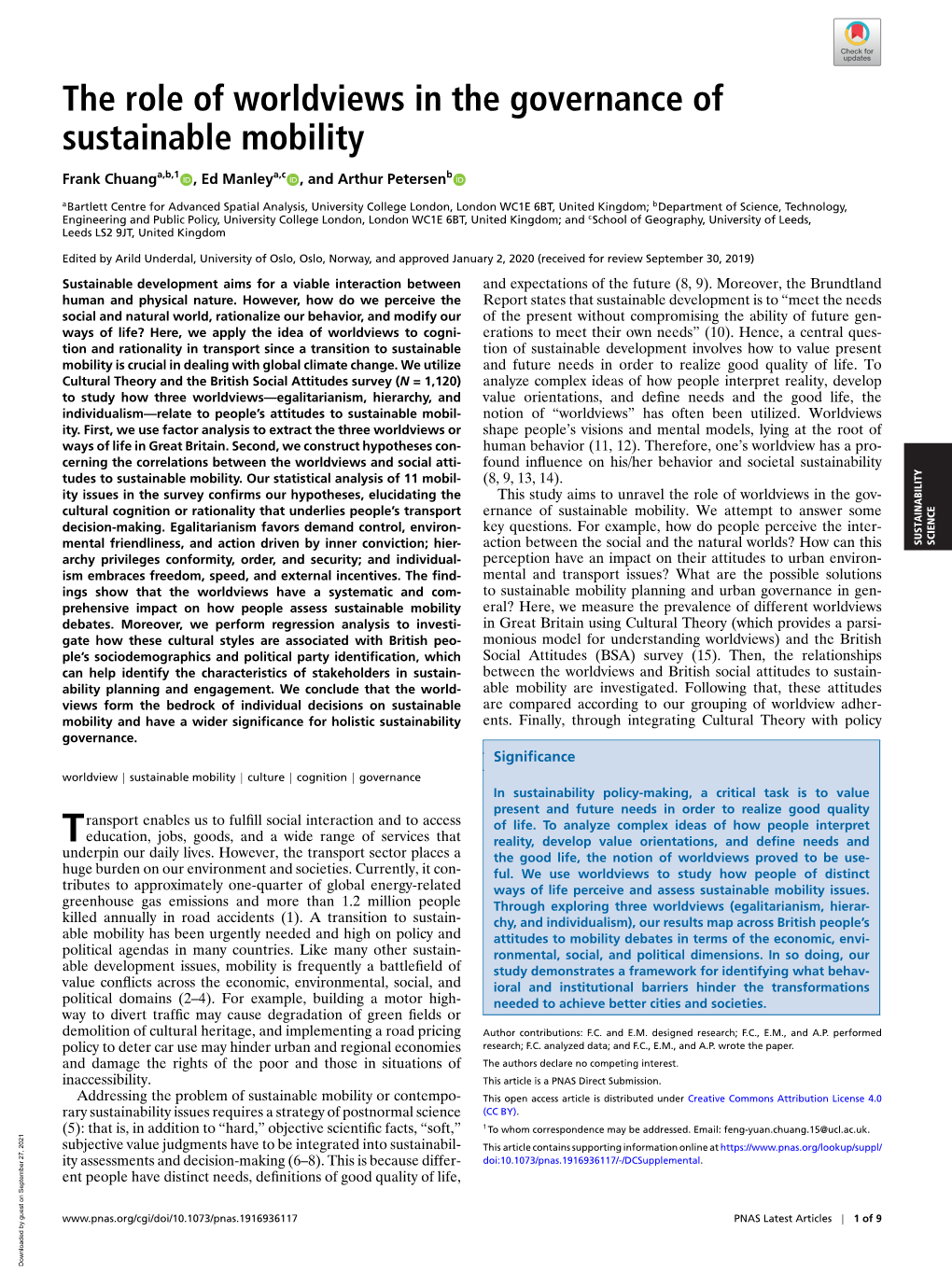 The Role of Worldviews in the Governance of Sustainable Mobility