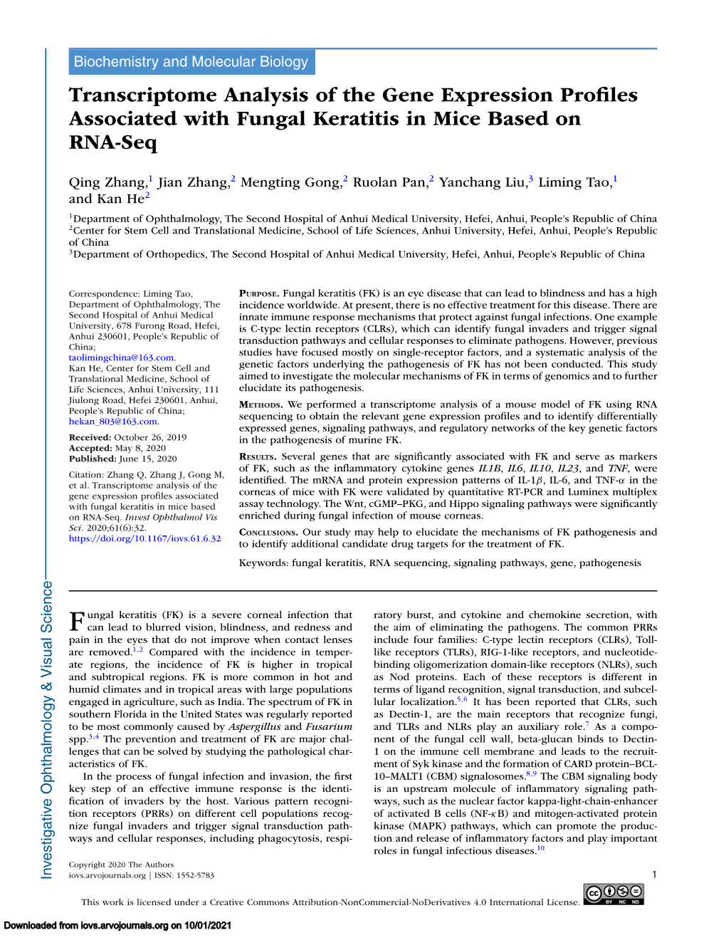 Transcriptome Analysis of the Gene Expression Profiles Associated with Fungal Keratitis in Mice Based on RNA-Seq