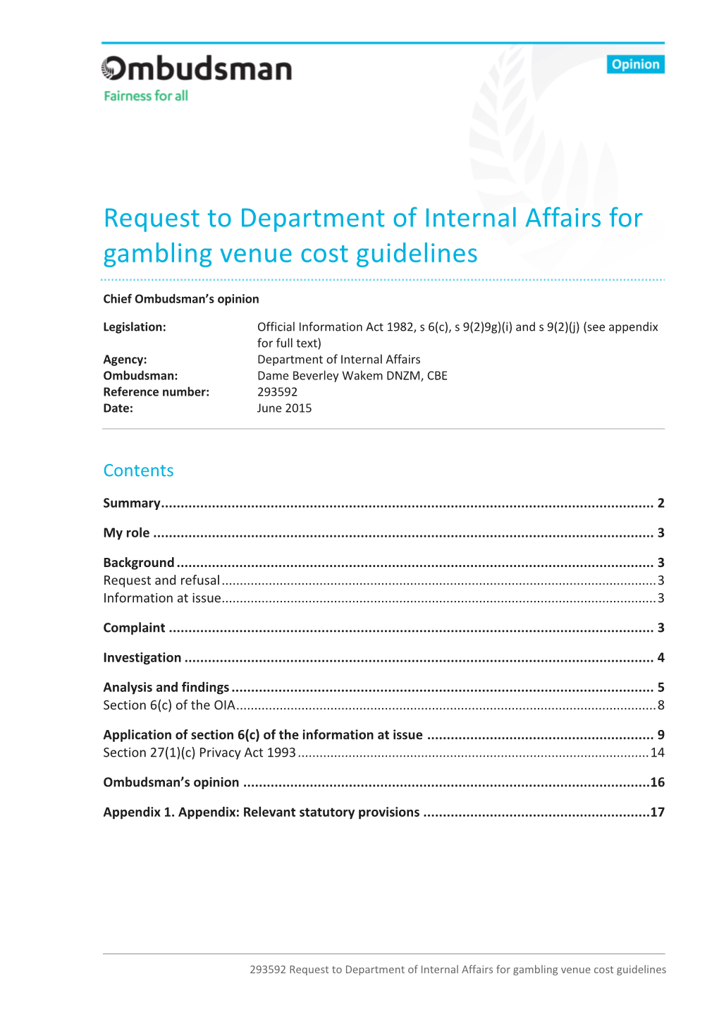Request to Department of Internal Affairs for Gambling Venue Cost Guidelines