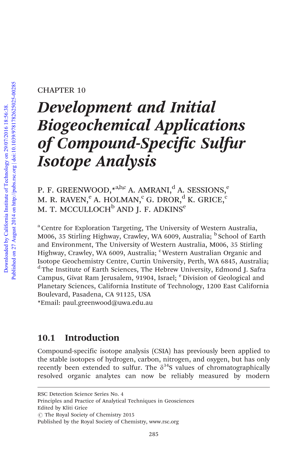 Development and Initial Biogeochemical Applications of Compound-Specific Sulfur Isotope Analysis
