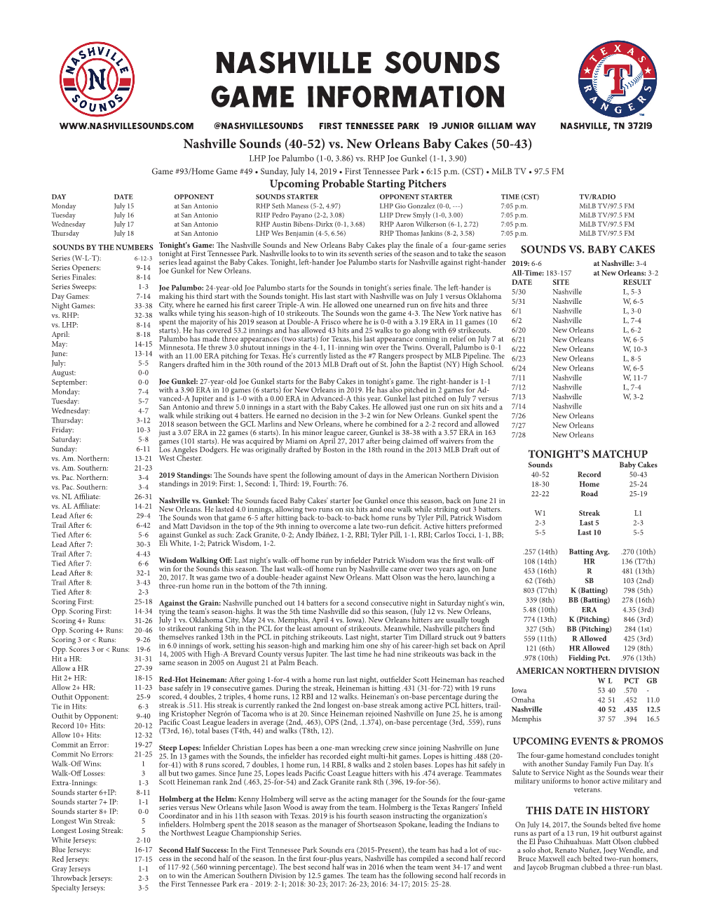 Nashville Sounds Game Information @Nashvillesounds First Tennessee Park 19 Junior Gilliam Way Nashville, TN 37219 Nashville Sounds (40-52) Vs