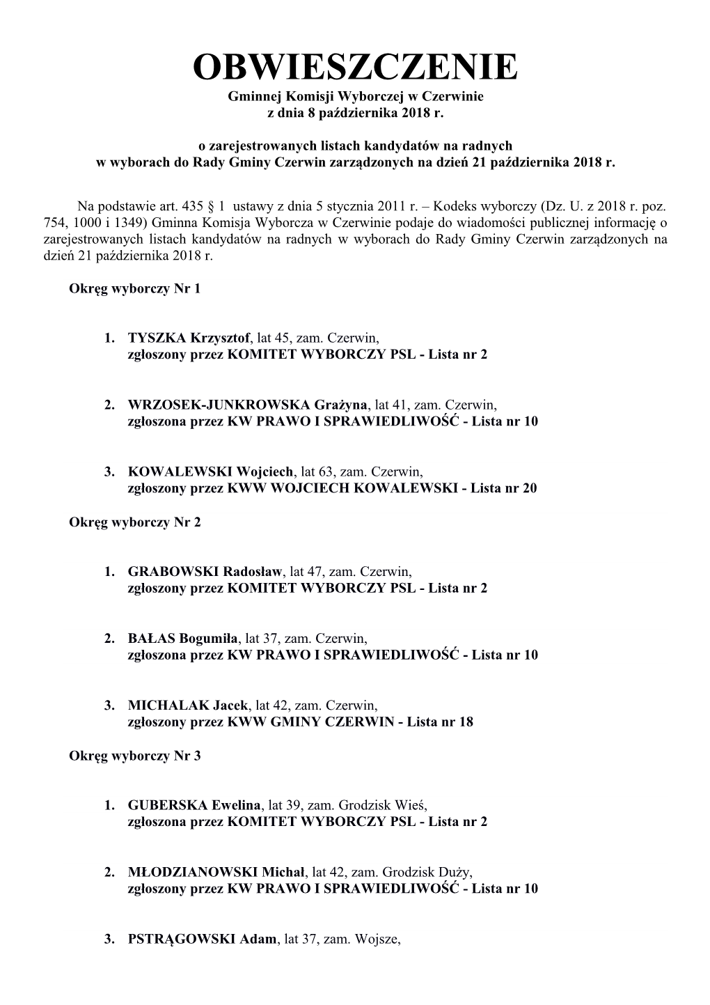 OBWIESZCZENIE Gminnej Komisji Wyborczej W Czerwinie Z Dnia 8 Października 2018 R