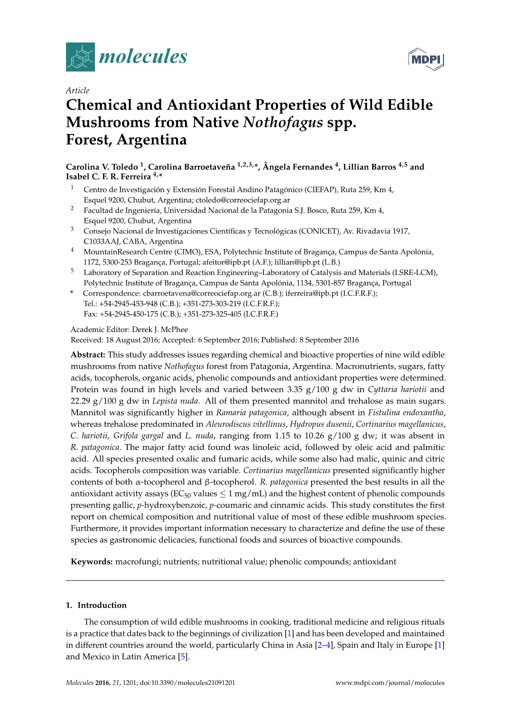 Chemical and Antioxidant Properties of Wild Edible Mushrooms from Native Nothofagus Spp