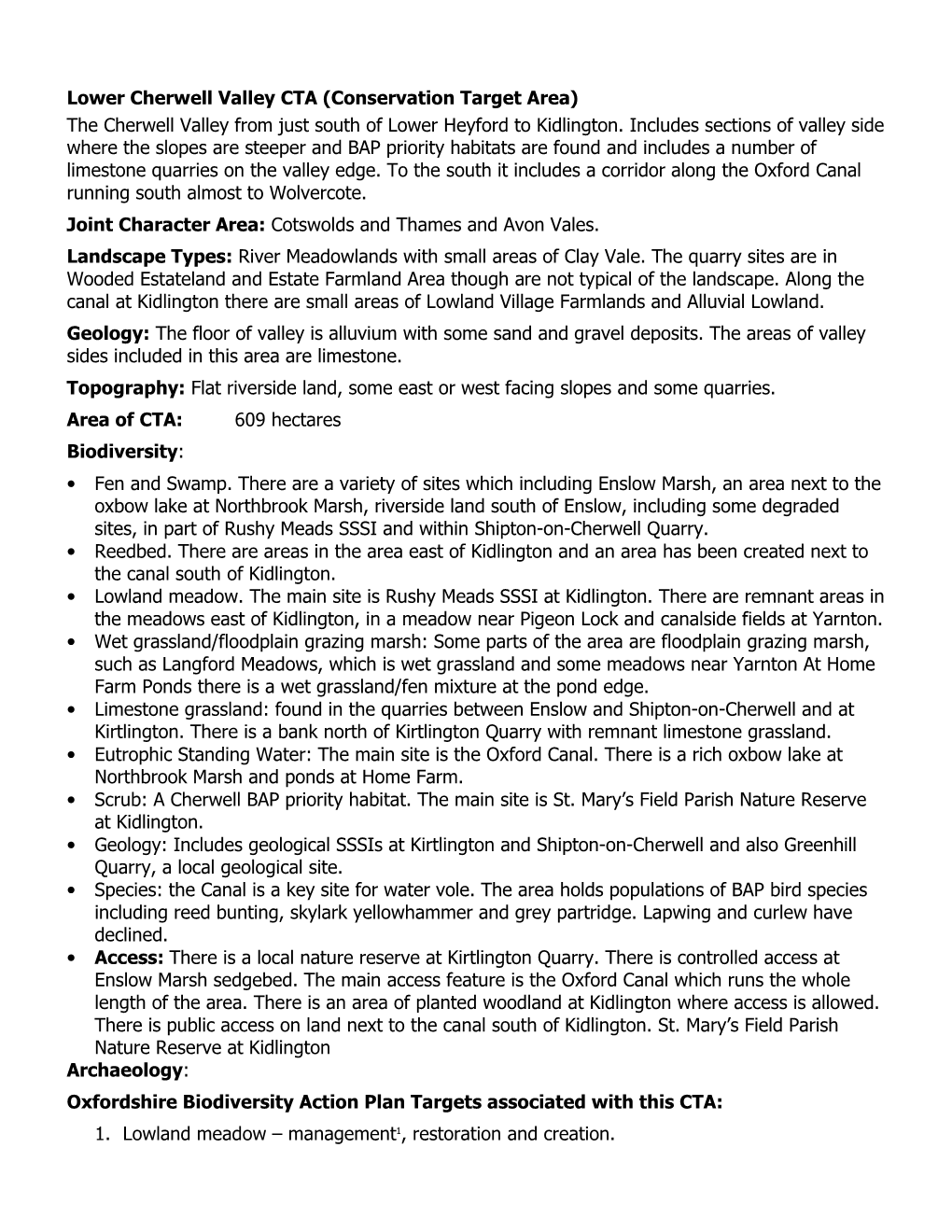 Lower Cherwell Valley CTA (Conservation Target Area) the Cherwell Valley from Just South of Lower Heyford to Kidlington