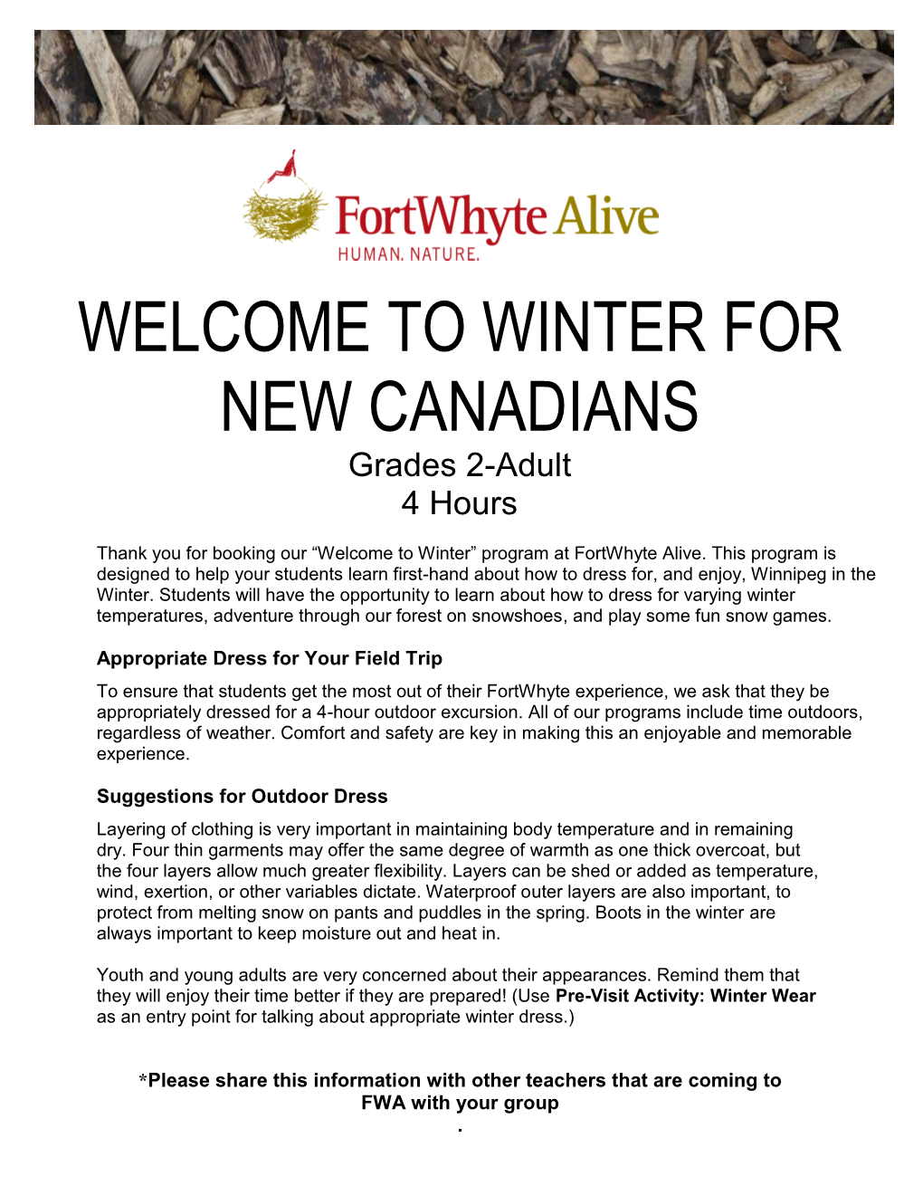 WINTER for NEW CANADIANS Grades 2-Adult 4 Hours