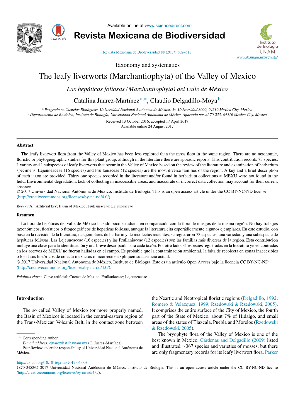 The Leafy Liverworts (Marchantiophyta) of the Valley of Mexico