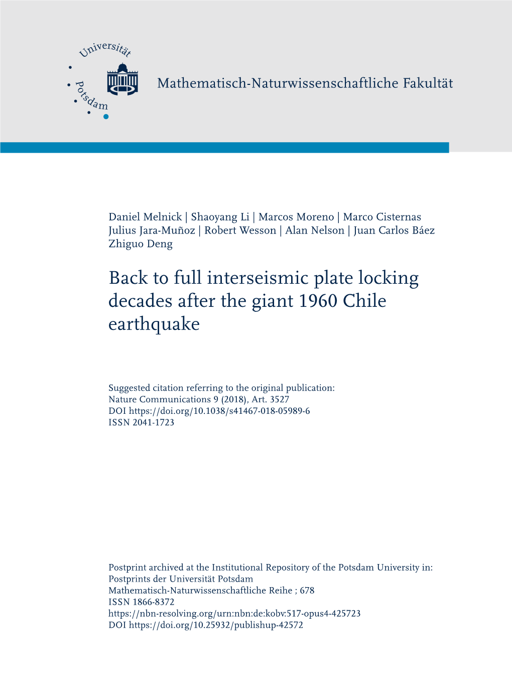 Full Interseismic Plate Locking Decades After the Giant 1960 Chile Earthquake