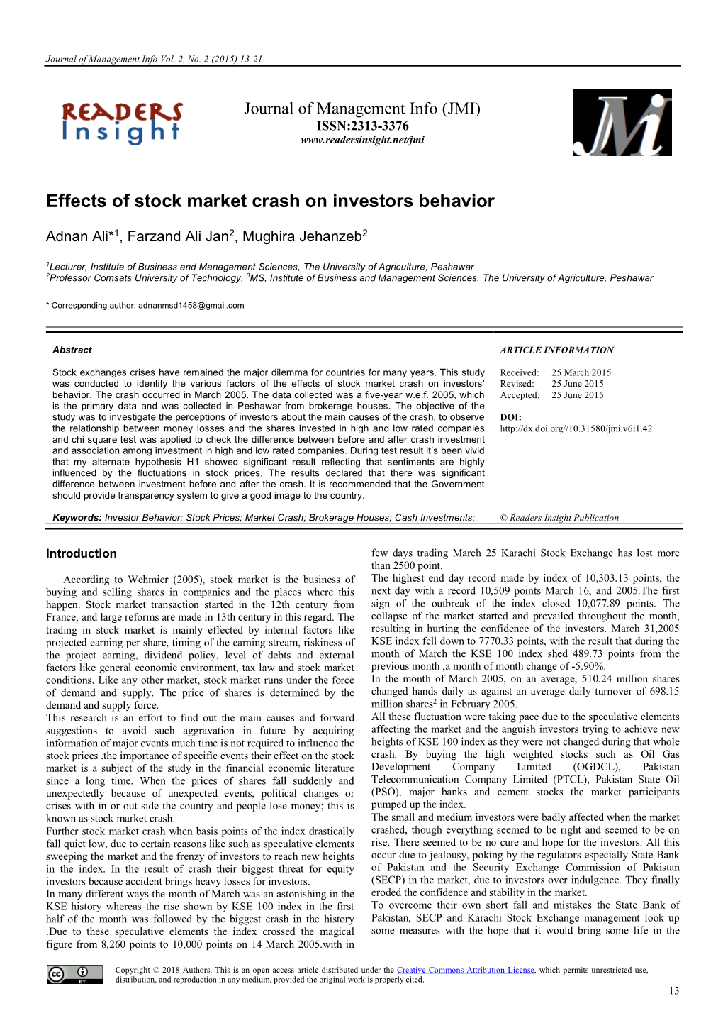 Effects of Stock Market Crash on Investors Behavior