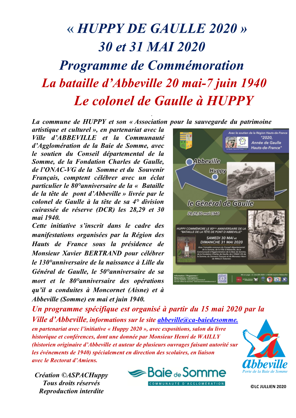 HUPPY DE GAULLE 2020 » 30 Et 31 MAI 2020 Programme De Commémoration La Bataille D’Abbeville 20 Mai-7 Juin 1940 Le Colonel De Gaulle À HUPPY