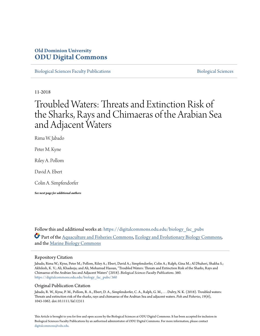 Troubled Waters: Threats and Extinction Risk of the Sharks, Rays and Chimaeras of the Arabian Sea and Adjacent Waters Rima W